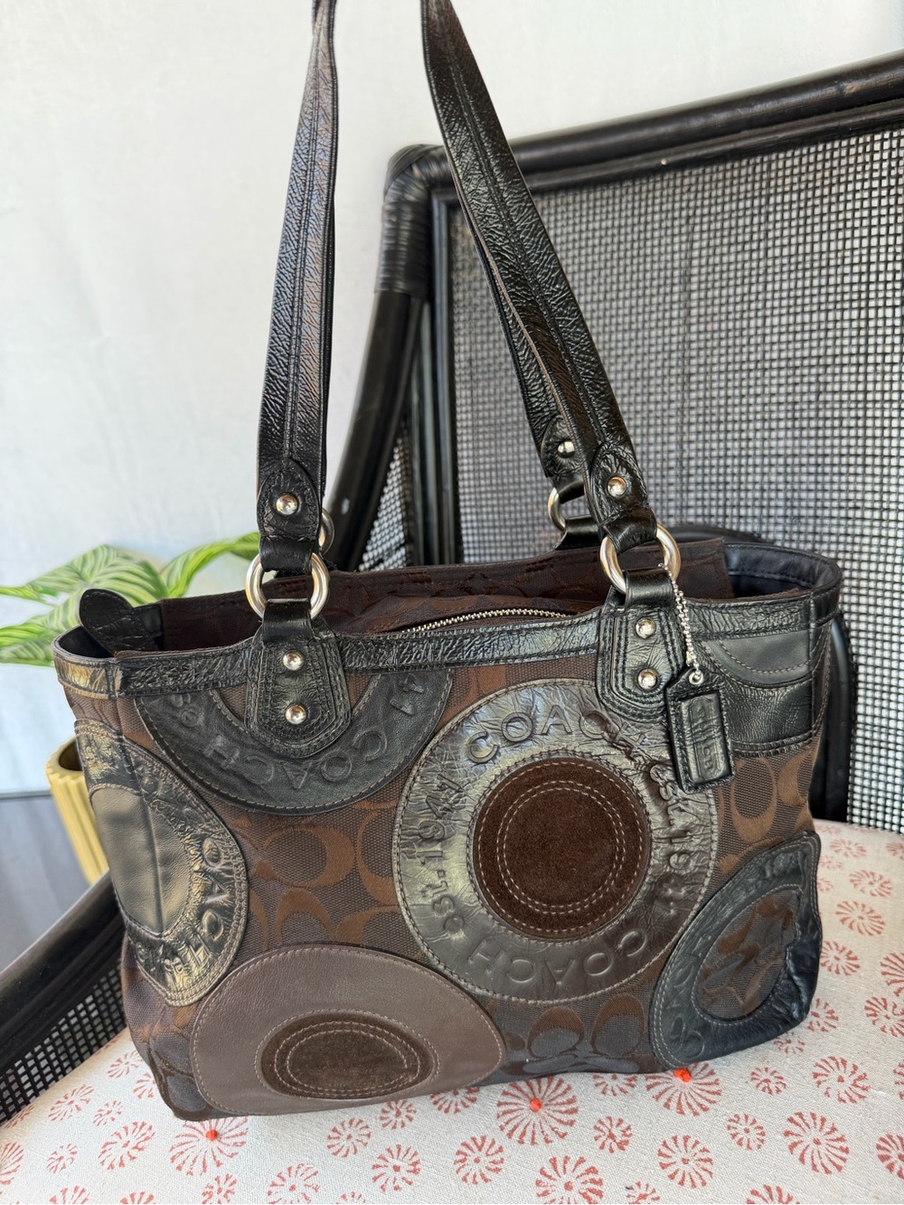 Coach Brown Patchwork Signature Shoulder Bag with Dark Leather Trim